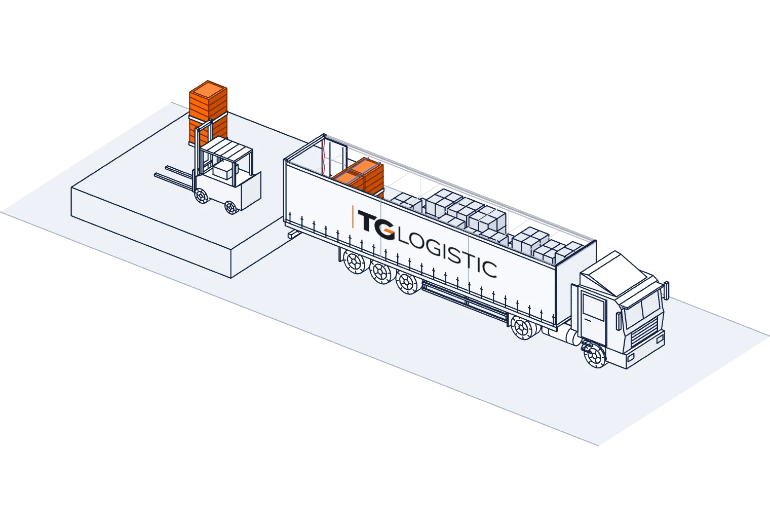 Line drawing of a semi-trailer truck with its trailer opened up to show the orange pallets inside