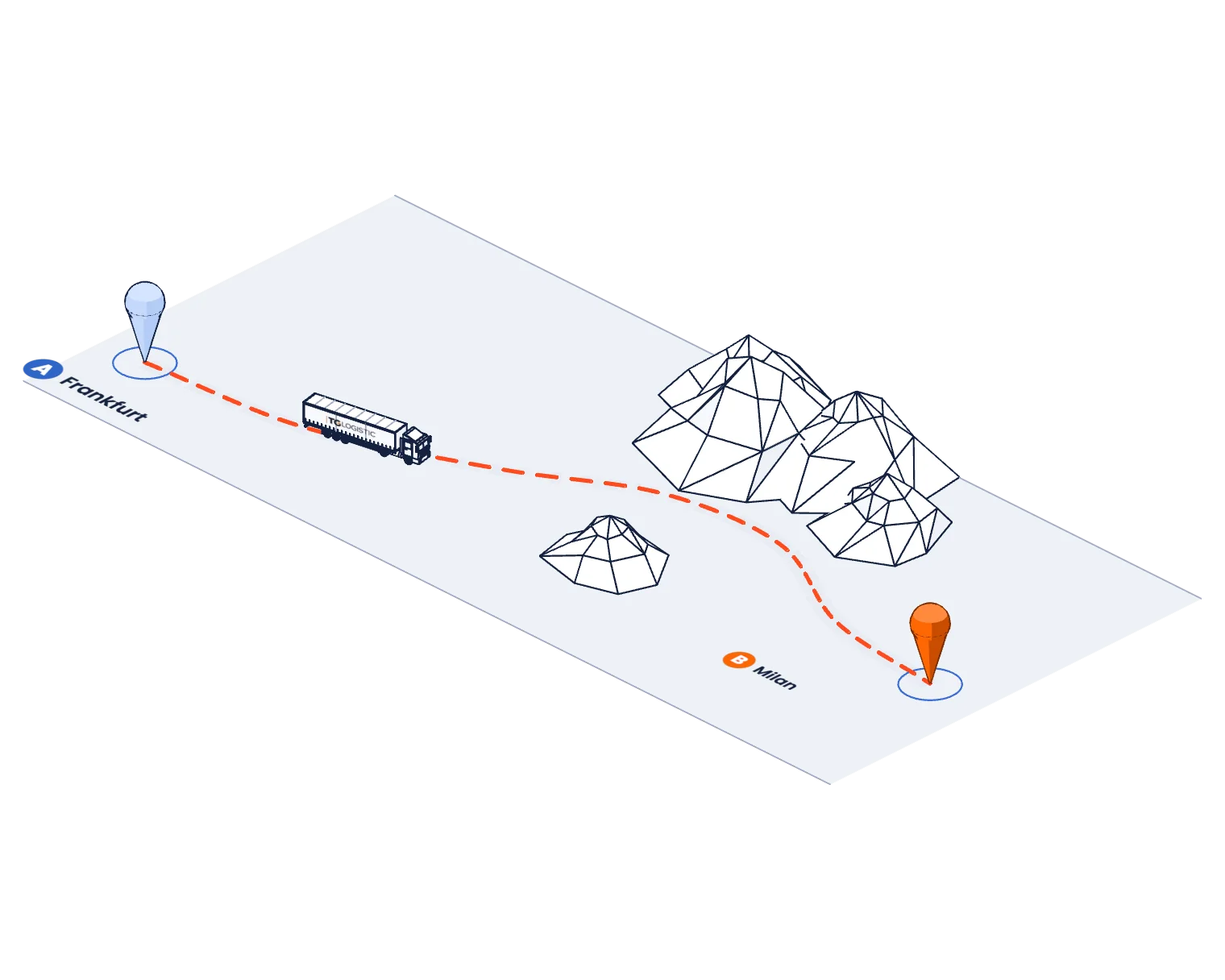Line drawing of a route map with point A and point B joined by an orange dashed line across mountains