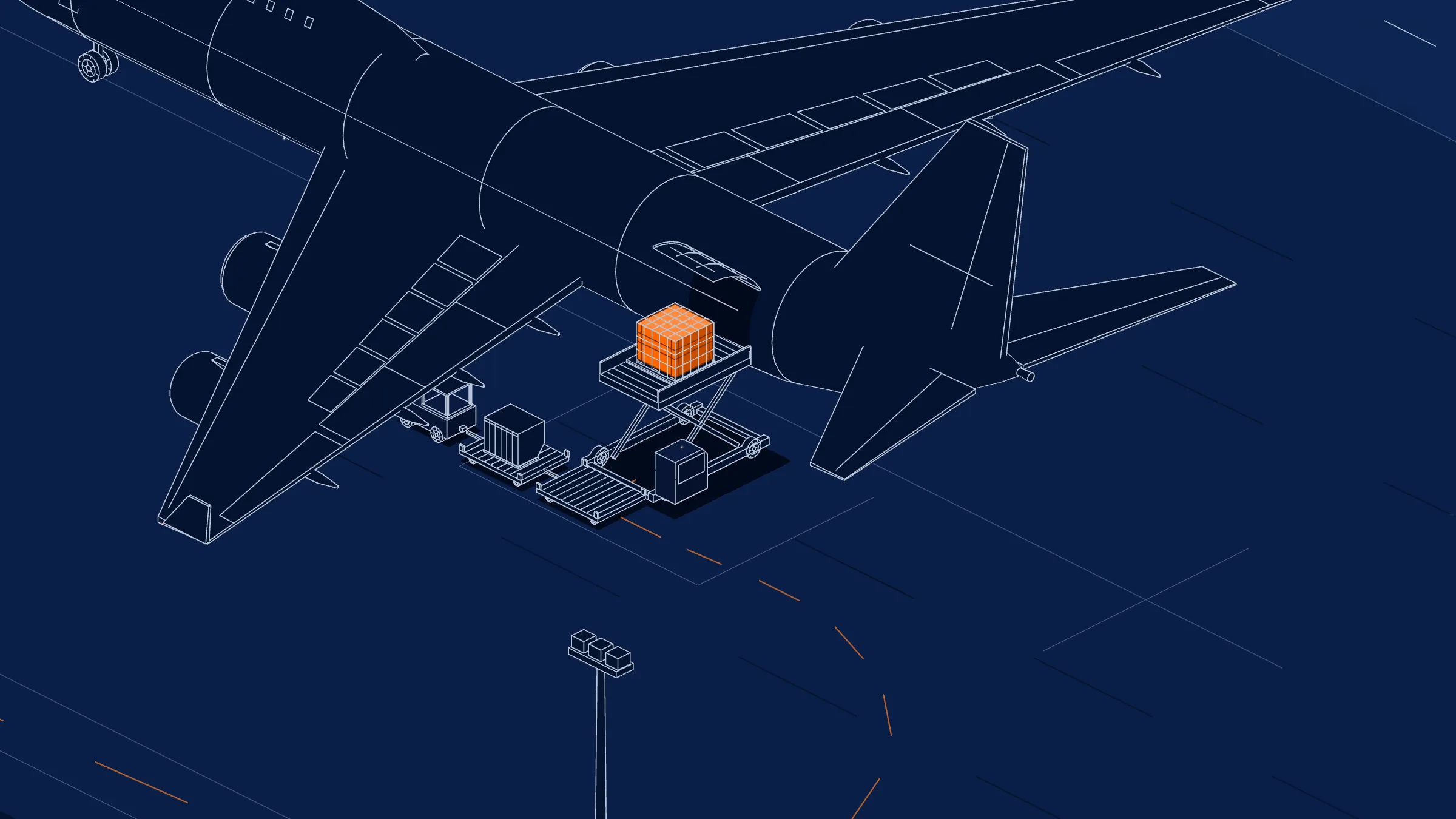 Line drawing of a parked freighter aircraft with its aft side cargo door open and a loader lifting an orange pallet of cargo up to it