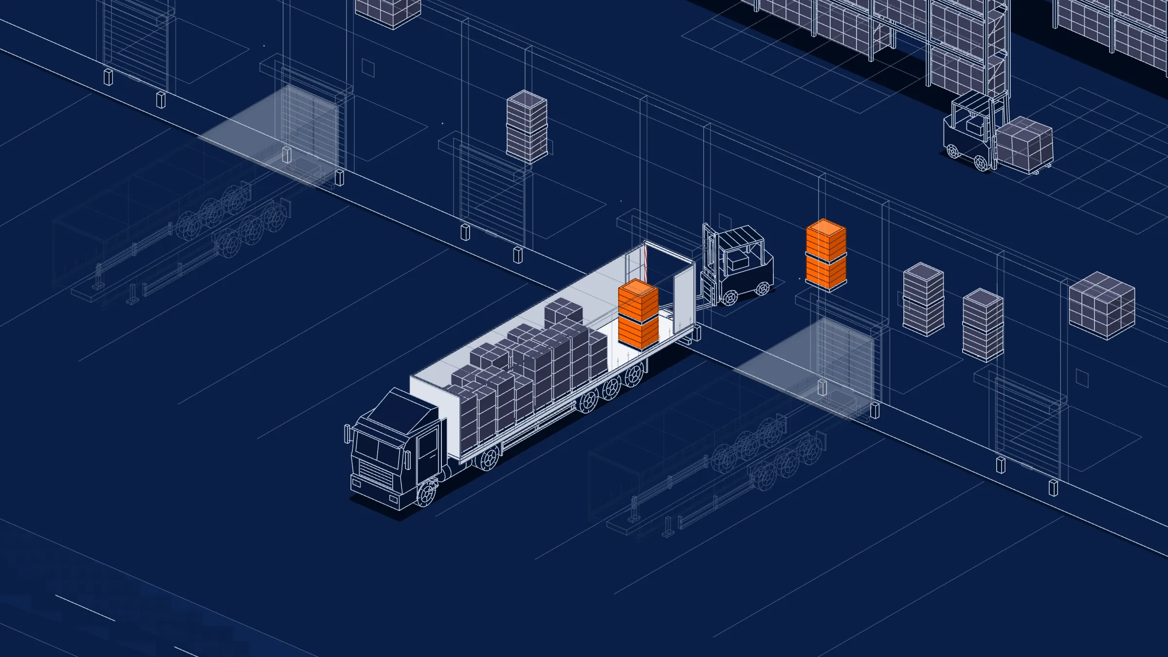 Line drawing of a semi-trailer truck backed into a loading dock while a forklift loads orange pallets into the open trailer
